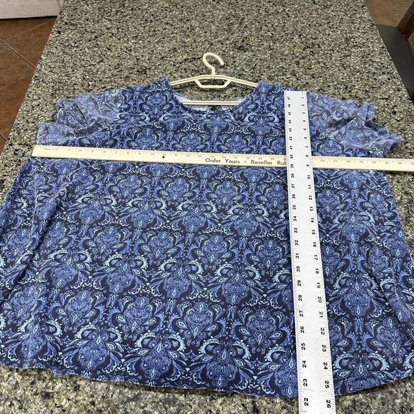 Roamans Womens Top Plus 2X 26 / 28 Blue Paisley Short Sleeve All Over Print FLAW - Picture 4 of 7